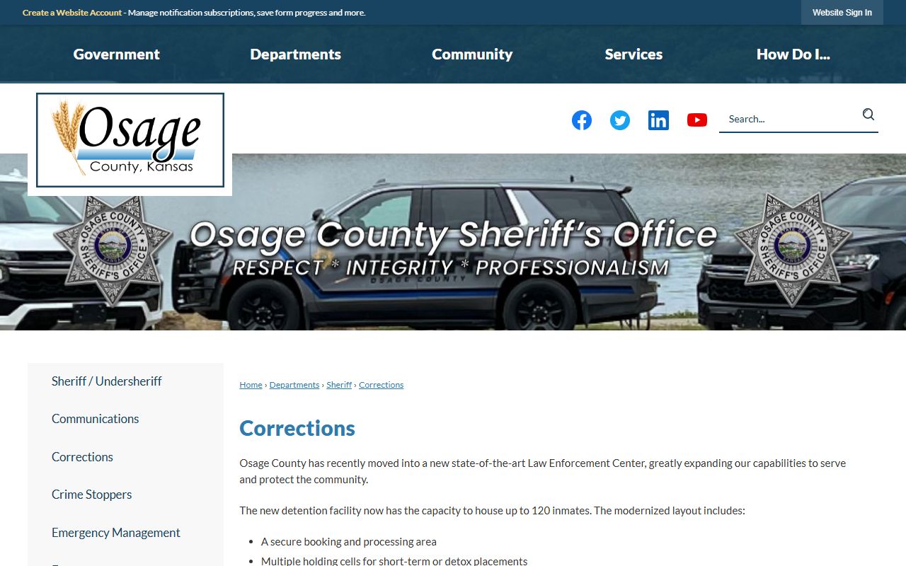 Osage County Corrections page showing jail capacity and inmate population details